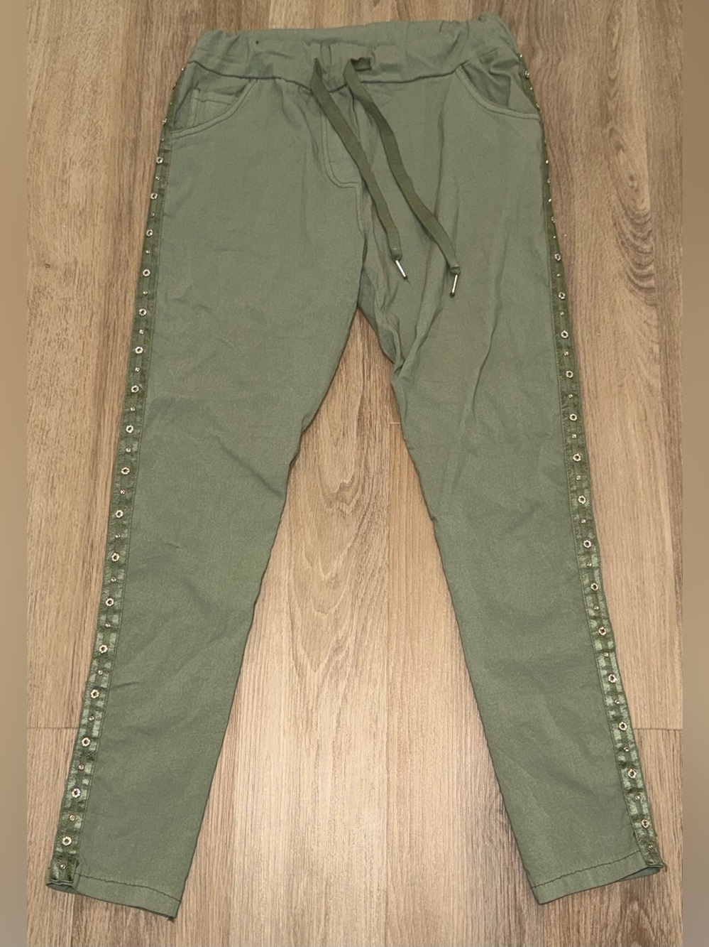 Italian Magic Pants Olive Green khaki Diamante Rhinestone Side Joggers One Size